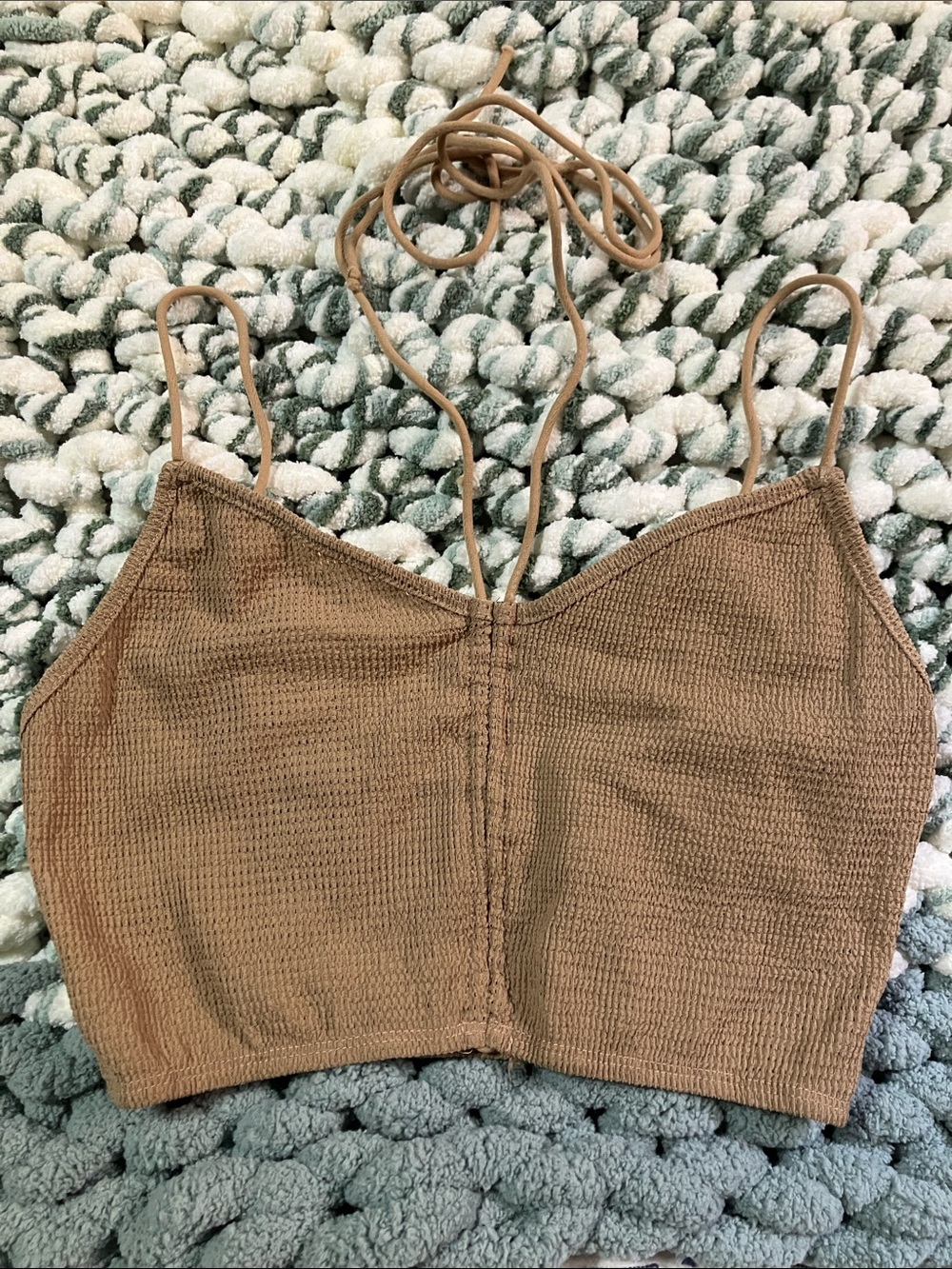 SHEIN Beige Waffle Knit Rouched Halter Tie Crop Top Cami Coastal Boho Size XS